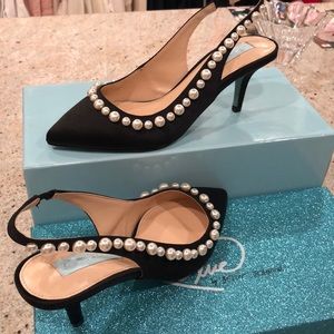 Betsy Johnson black suede kitten heels with pearl